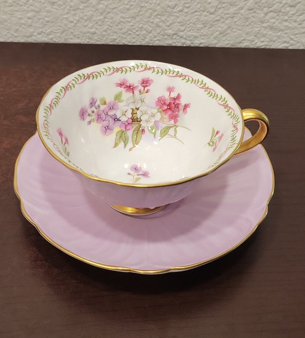 Shelley Oleander Stocks Violet Teacup & Saucer Fine Bone China England Vintage